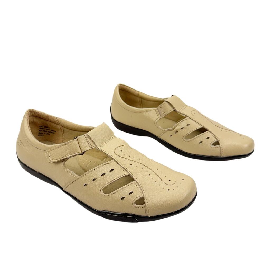 Dr Scholls Cream Leather Side Cut Out Hook & Loop Sandals Flats 10 Cottagecore